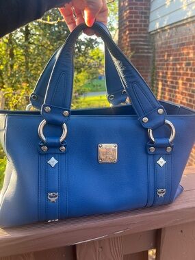 MCM  Blue Leather Satchel with Silver Hardware and end pockets